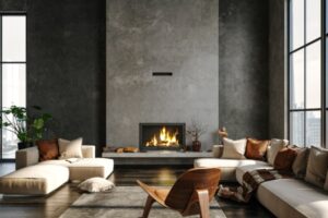 Dark,Living,Room,Loft,With,Fireplace,,Industrial,Style,,3d,Render