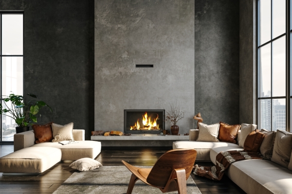 Dark,Living,Room,Loft,With,Fireplace,,Industrial,Style,,3d,Render