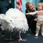 US President Donald Trump and First Lady Melania Trump participate in the White House turkey pardon ceremony.