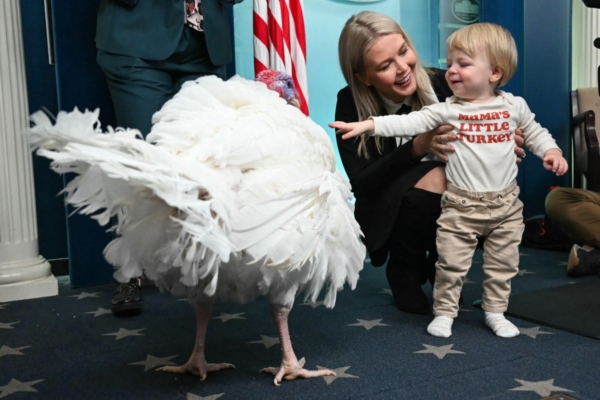 US President Donald Trump and First Lady Melania Trump participate in the White House turkey pardon ceremony.