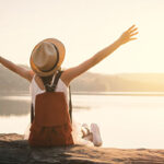 Asian,Girl,Backpack,In,Nature,During,Sunset,,,Relax,Time