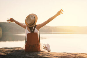 Asian,Girl,Backpack,In,Nature,During,Sunset,,,Relax,Time