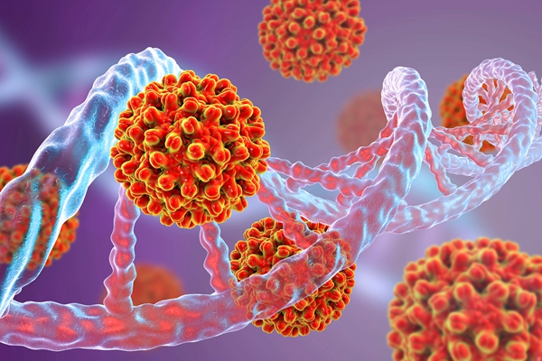 Heptitis B viruses and DNA molecule, 3D illustration. Medical background
