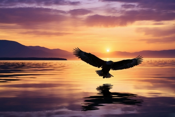 A,Majestic,Eagle,Glides,Over,Serene,Waters,,Wings,Spread,Wide,